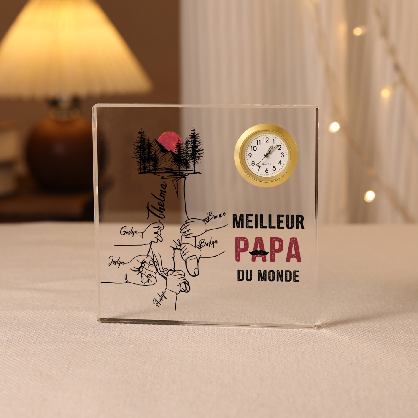 À mon Papa - Plaque Acrylique Carré avec Horloge la main dans la main 6 Prénoms Personnalisés