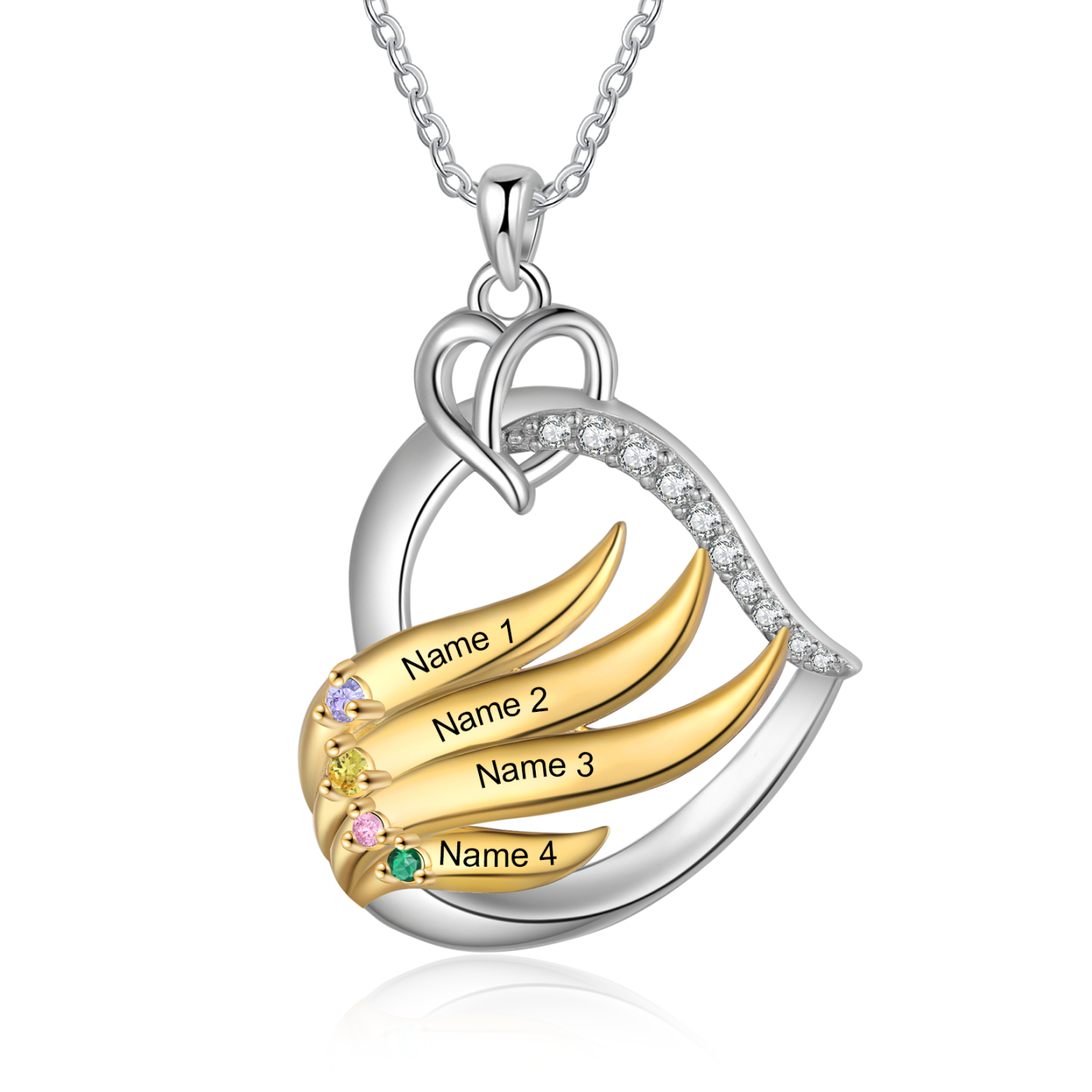 Collier Pendentif Cœur et Ailes Collier Personnalisé Femme avec 4 Prénoms et Pierres de naissance|Jessemade