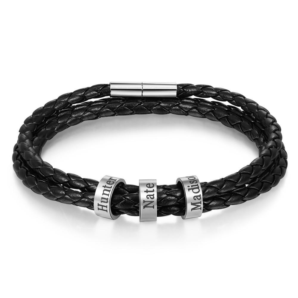 Bracelet Prénom Personnalisé en Cuir Tressé 3 Perles Bracelet Homme Br