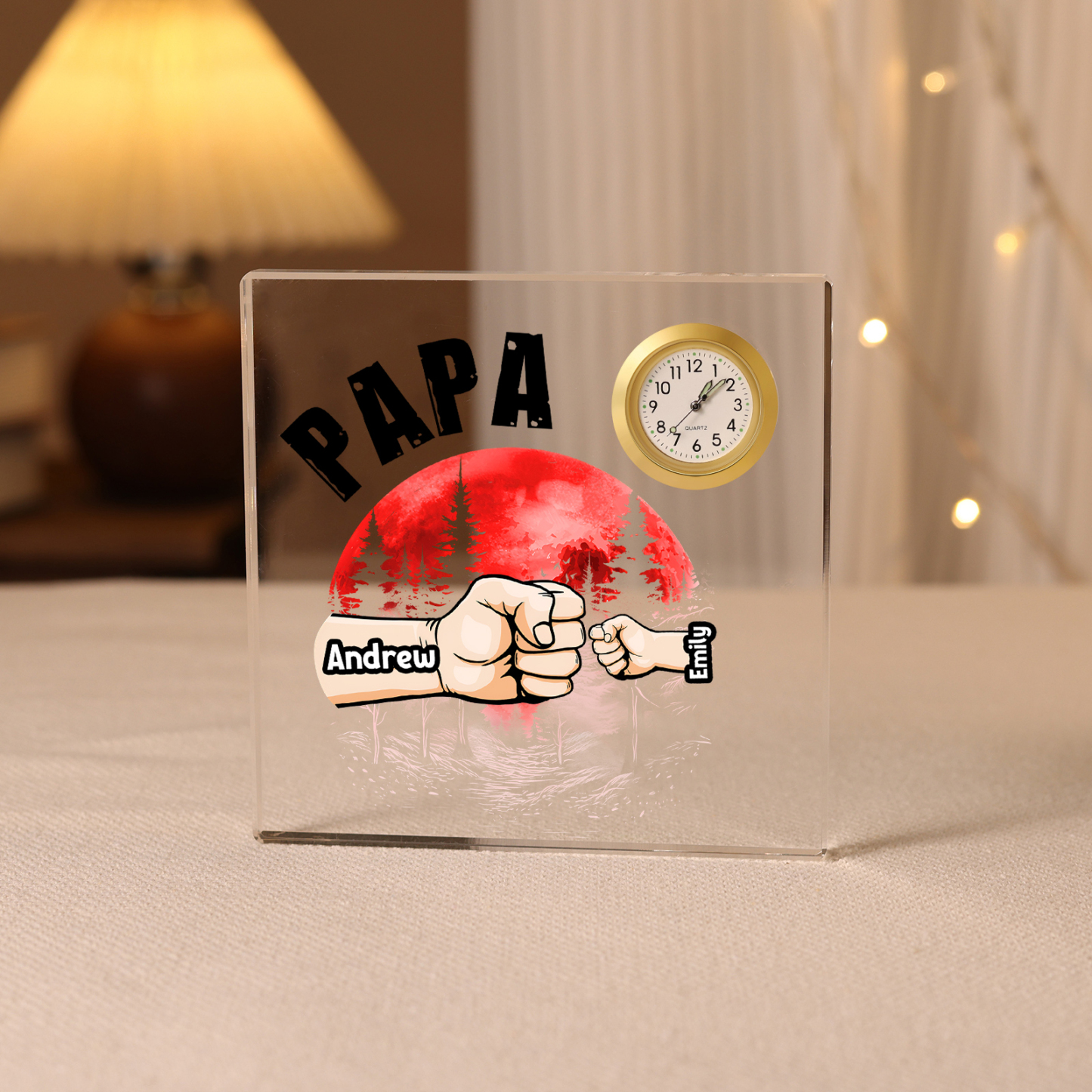 À Papa/Papi - Plaque Acrylique Poings Rectangle avec Horloge 2 Prénoms et 1 Texte Personnalisés