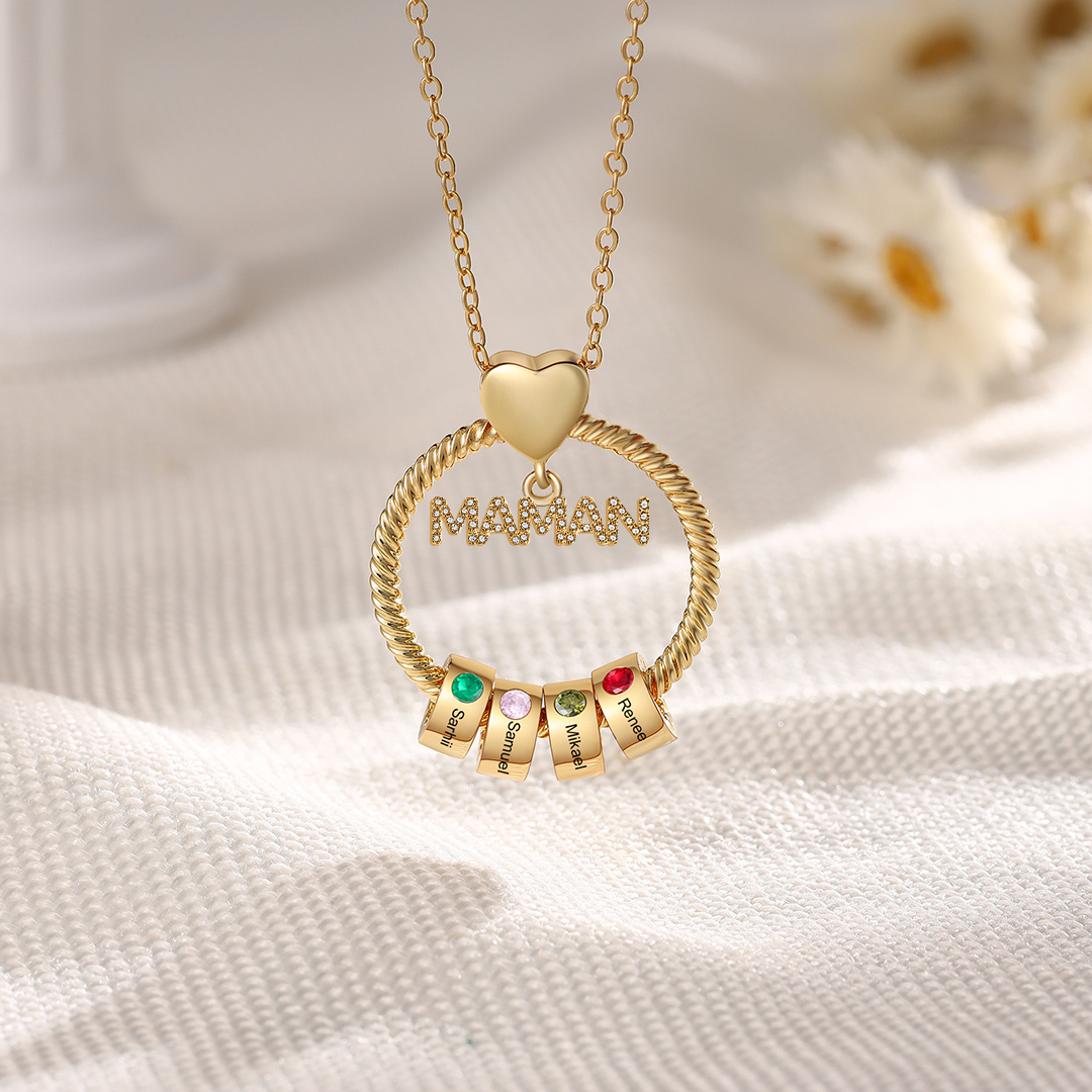 À ma Maman - Collier Pendentif 4 Prénoms Personnalisés avec Pierre de naissance
