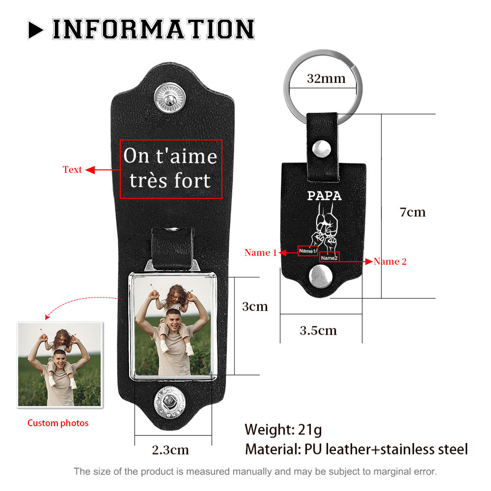 À mon Papa - Porte-Clés Cuir Poings 2 Prénoms Personnalisés avec Photo et Texte | Jessemade