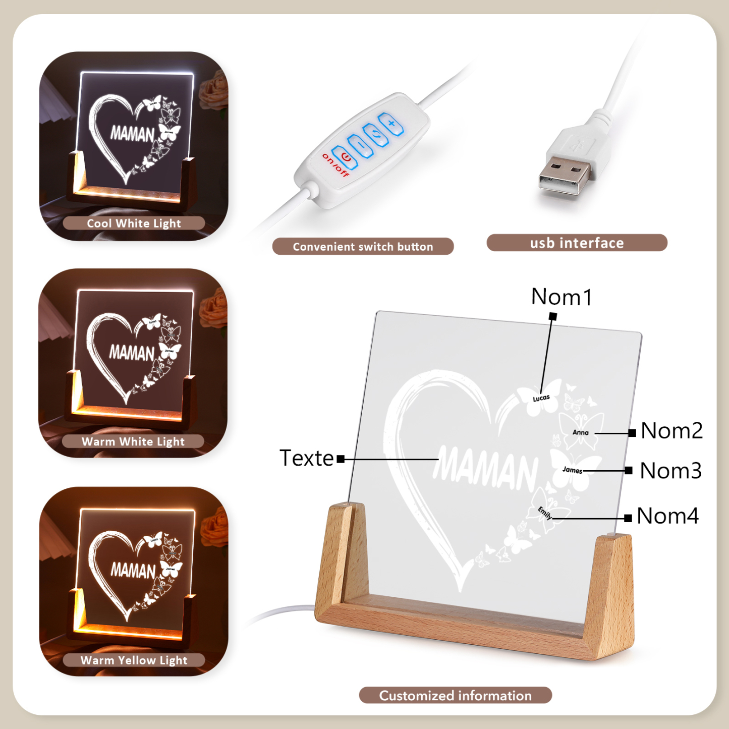 À Maman/Mamie - Lampe de chevet LED Cœur et Papillon 4 Prénoms Personnalisés avec Texte pour Famille