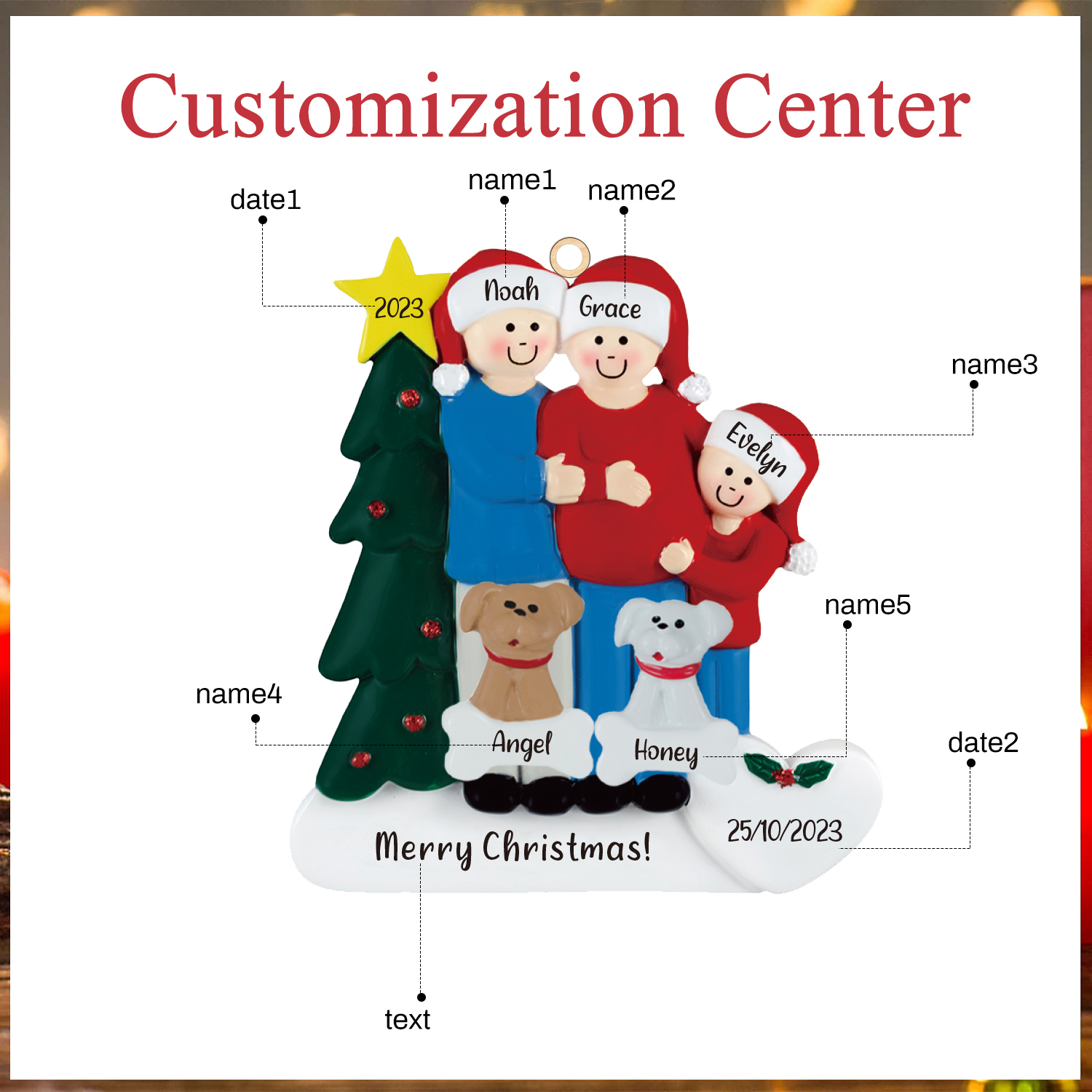 Ornements de Noël avec 3 Poupées et 2 Chiens 5 Prénoms et 2 Dates Personnalisés avec Texte