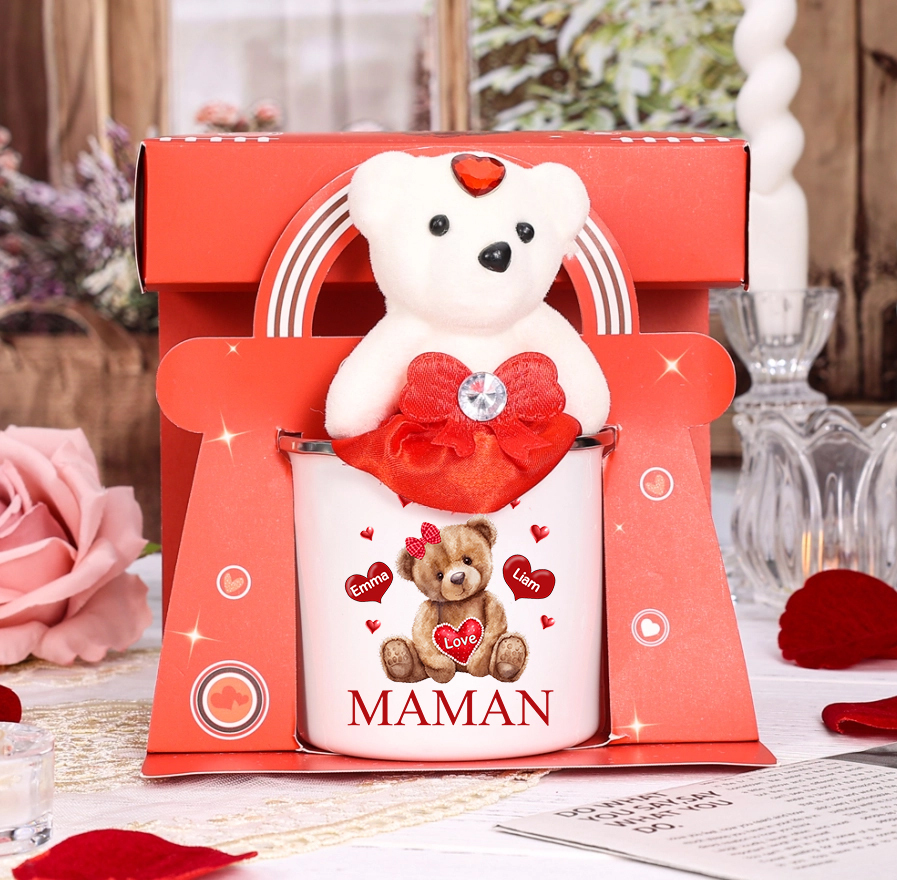 À Maman/Mamie - Tasse émaillée Ours 2 Prénoms Personnalisés