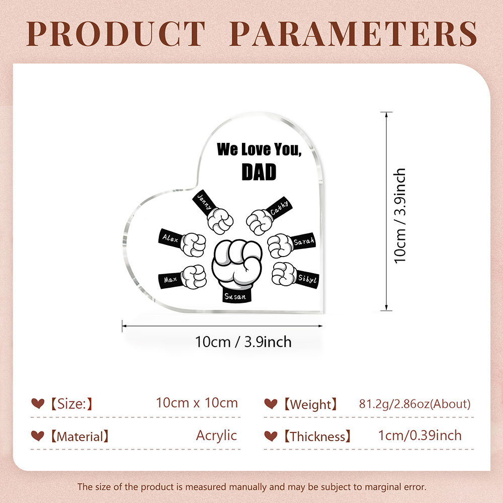 À mon Papa/Maman - Plaque Acrylique en Forme de Cœur Poings 7 Prénoms Personnalisés avec 1 Texte