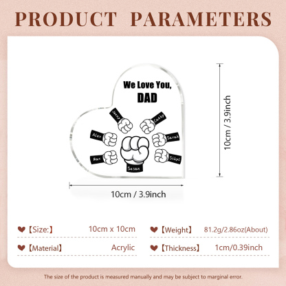 À mon Papa/Maman - Plaque Acrylique en Forme de Cœur Poings 7 Prénoms Personnalisés avec 1 Texte