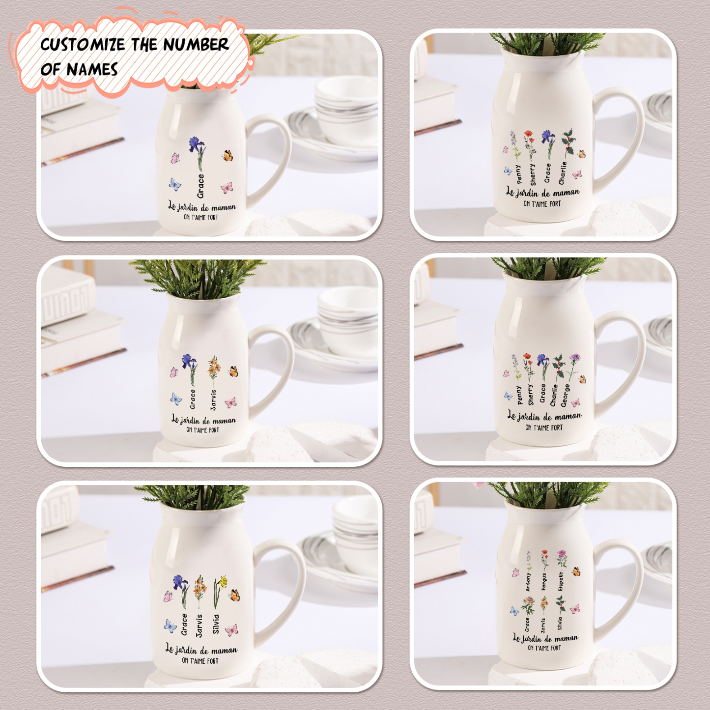 Vase à Fleurs Papillon 2 Prénoms et Fleurs de Naissance Personnalisés avec 2 Textes Décoration de la Maison | Jessemade