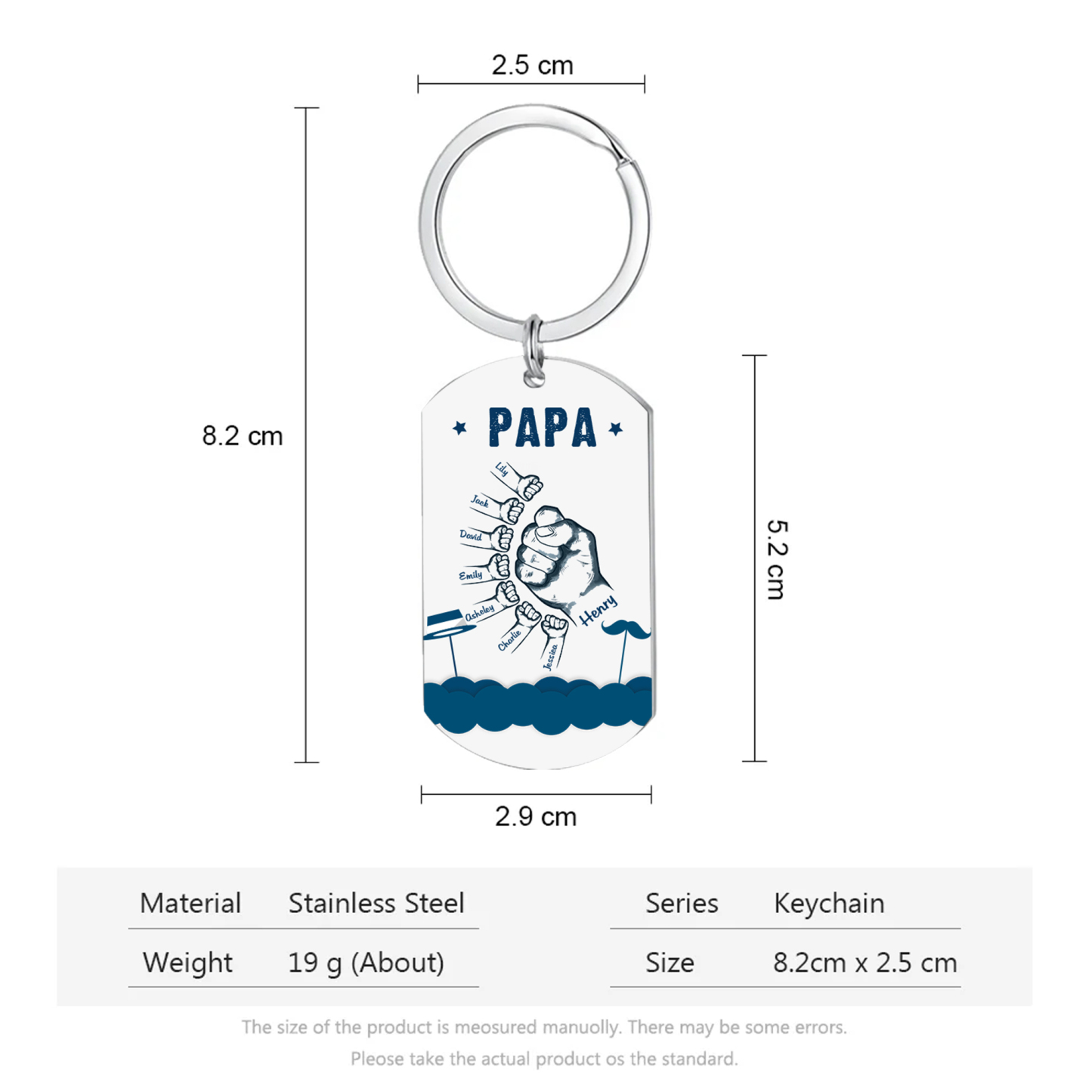 À Papa/Papi - Porte-Clés Poings 8 Prénoms Personnalisés