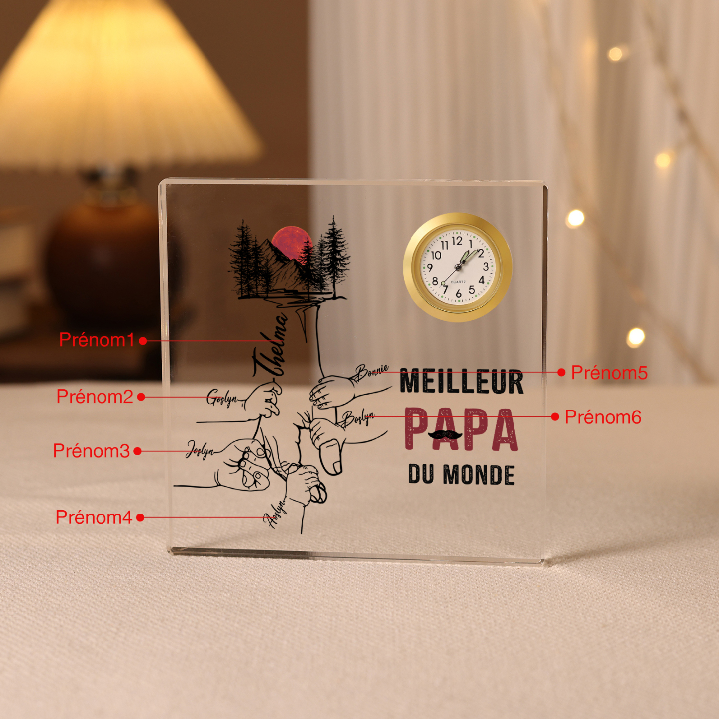 À mon Papa - Plaque Acrylique Carré avec Horloge la main dans la main 6 Prénoms Personnalisés