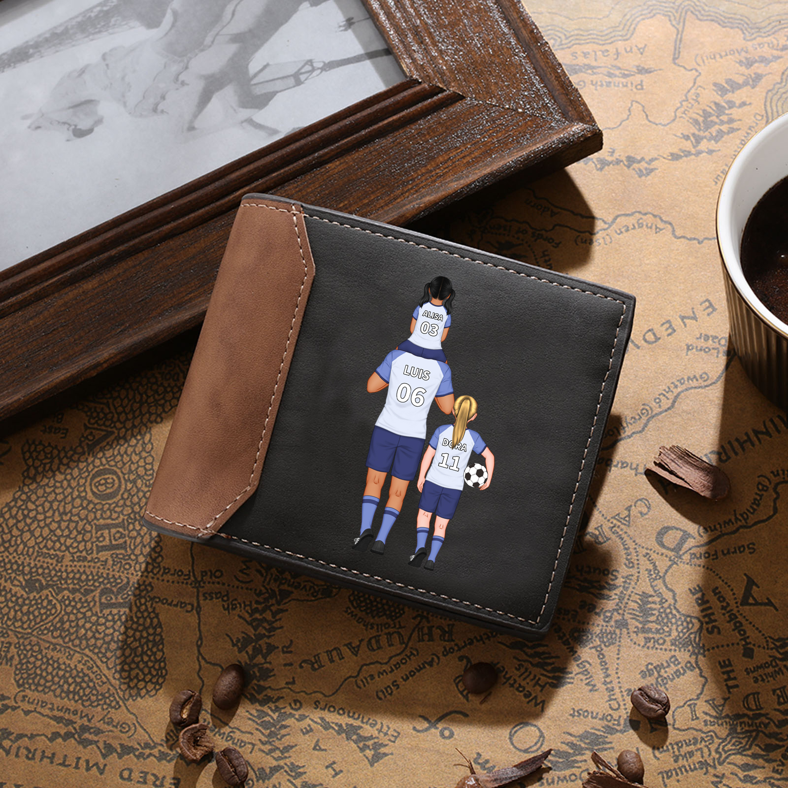 Portefeuille Classique Football Famille 2-4 Prénoms Personnalisés Porte-Monnaie Carte