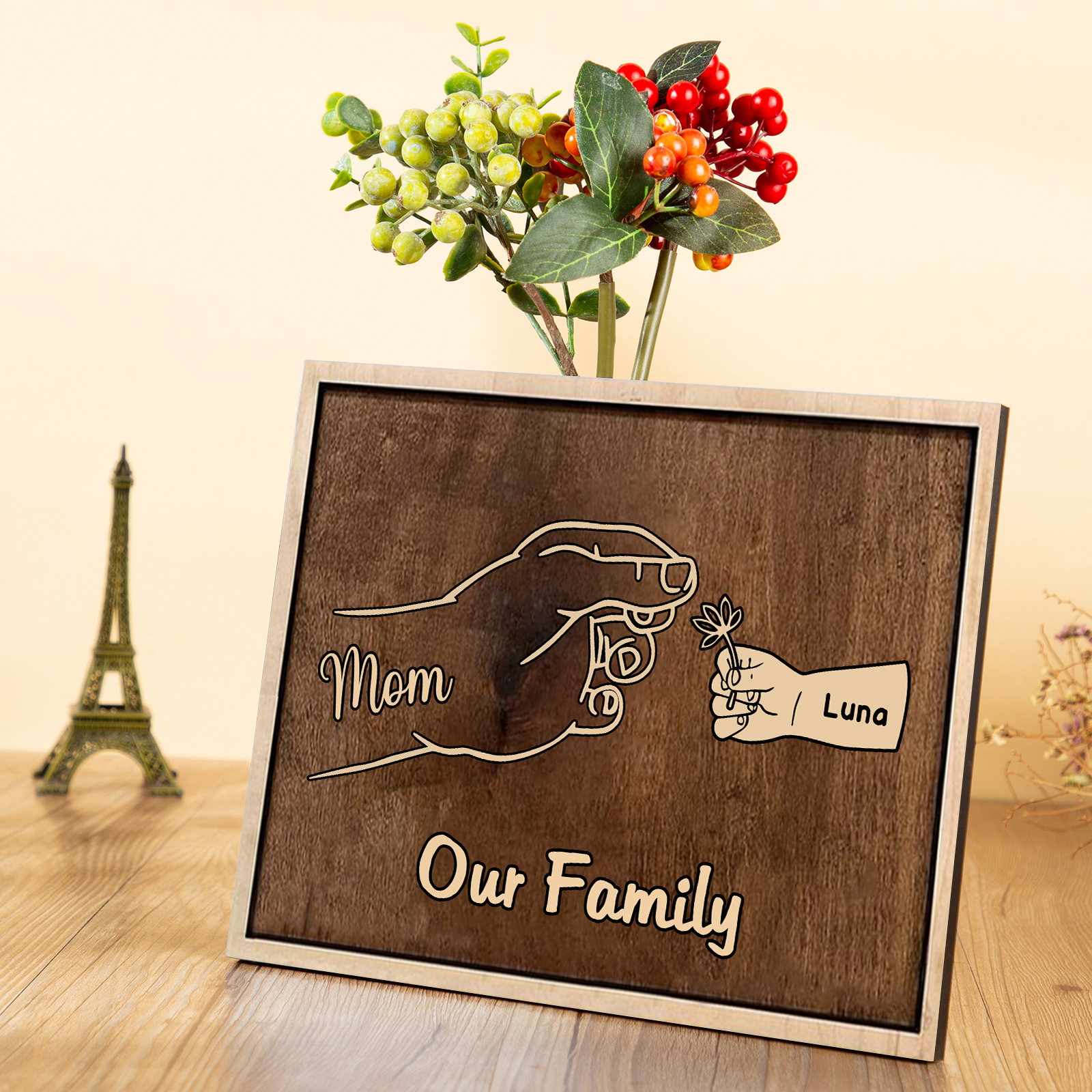 À Maman/Mamie - Cadre en Bois Main et Enfants 2 Prénoms Personnalisés avec Texte Cadeau pour Famille