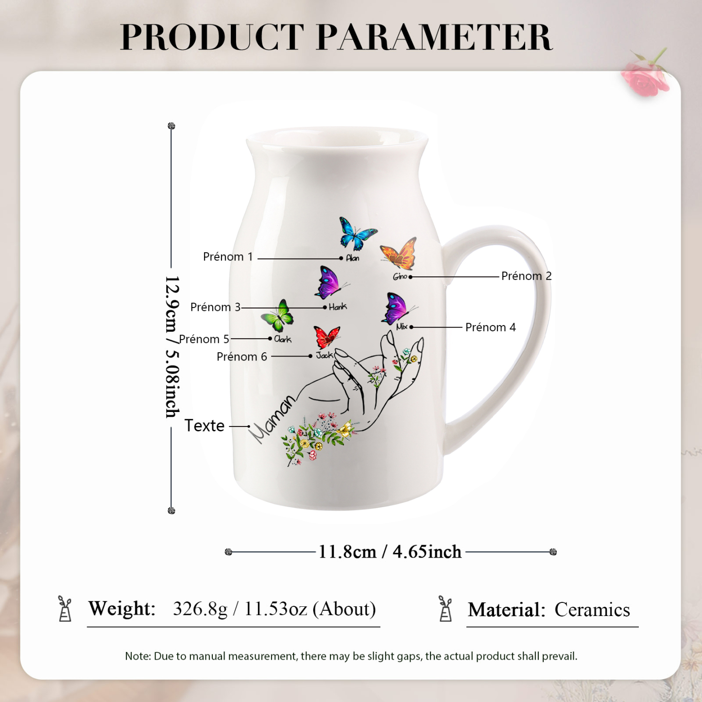 Vase à Fleurs Mains et Papillons 6 Prénoms Personnalisés avec Texte Décoration de la Maison