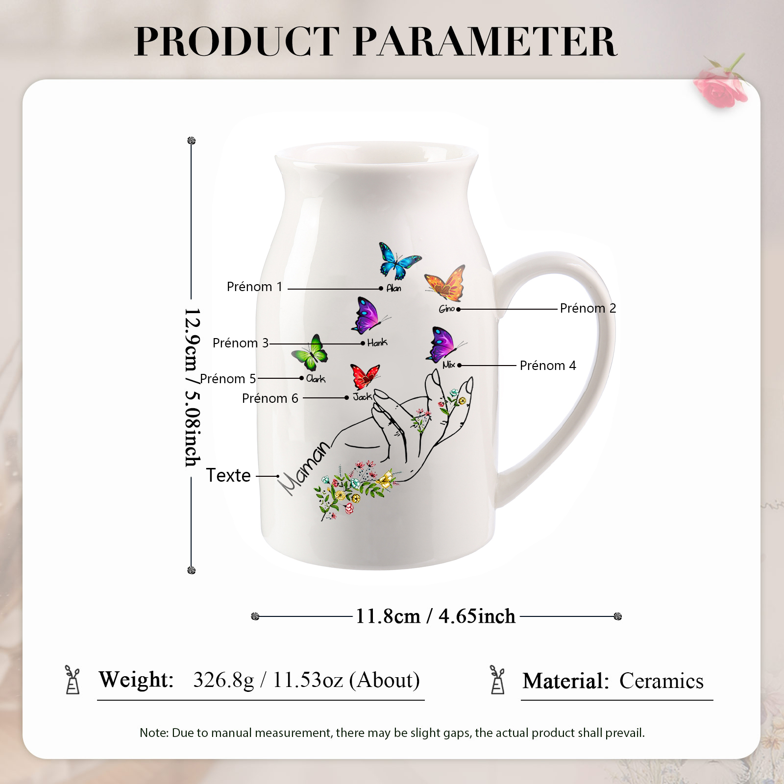 Vase à Fleurs Mains et Papillons 6 Prénoms Personnalisés avec Texte Décoration de la Maison