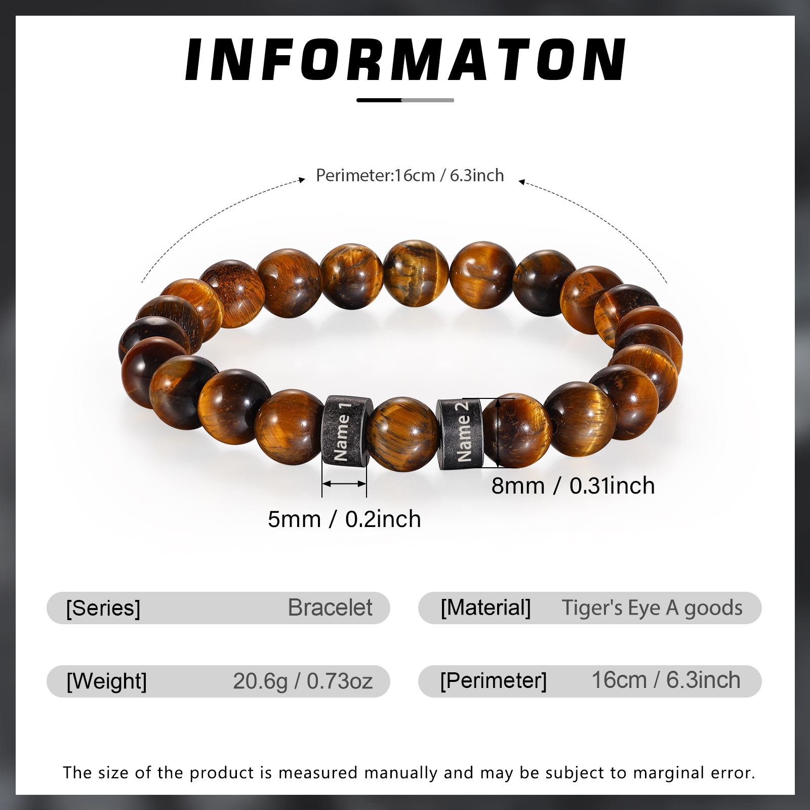 Bracelet d'Oeil de Tigre avec 2 Prénoms Personnalisés pour Homme