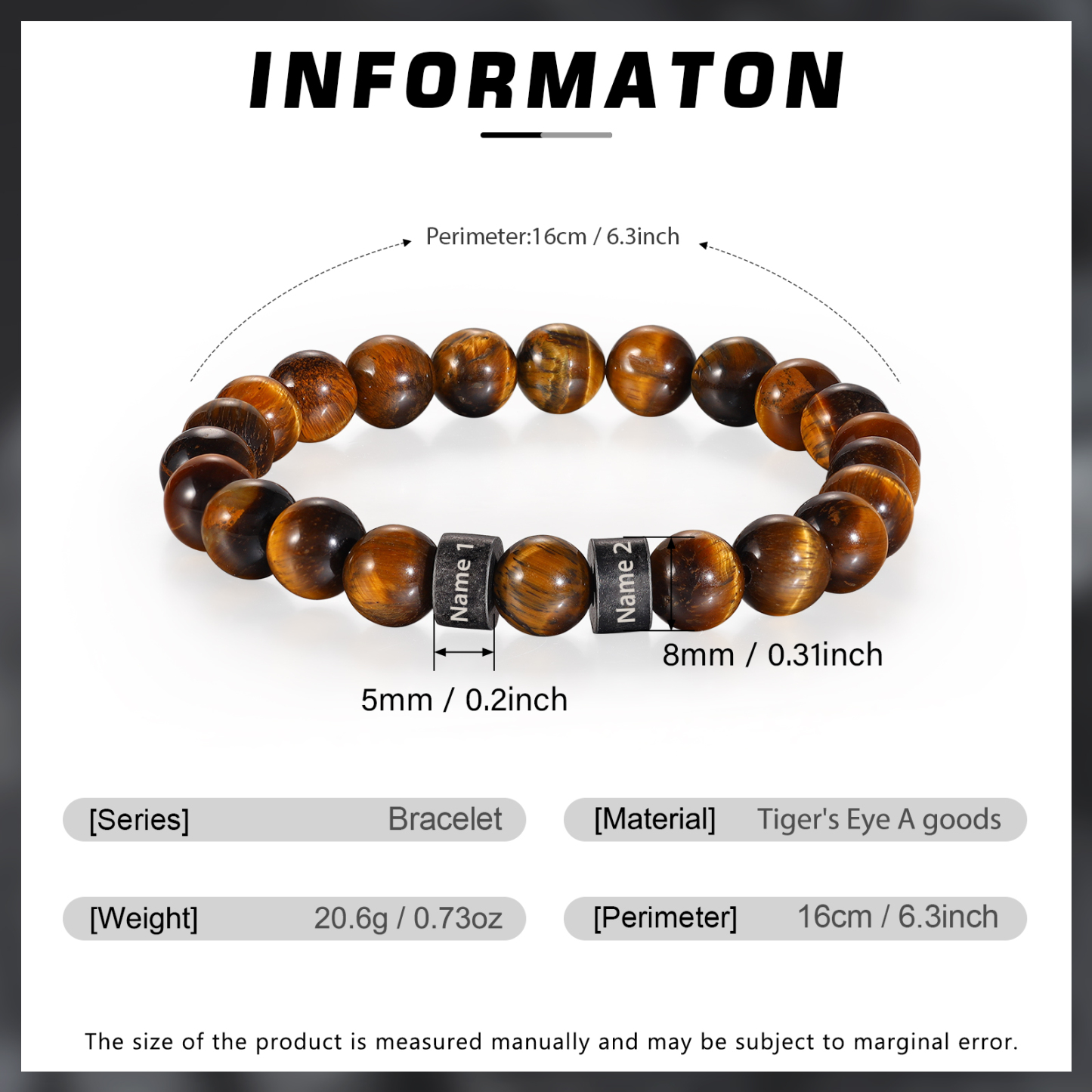 Bracelet d'Oeil de Tigre avec 2 Prénoms Personnalisés pour Homme