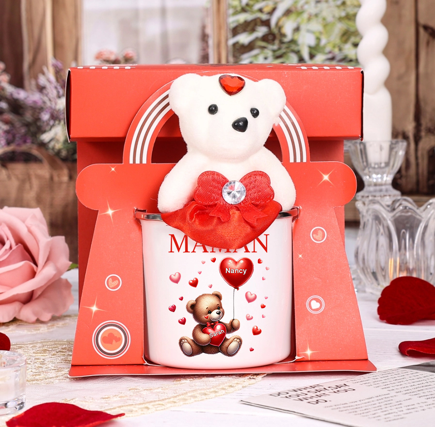 À Maman/Mamie - Tasse émaillée Ours 2 Prénoms Personnalisés