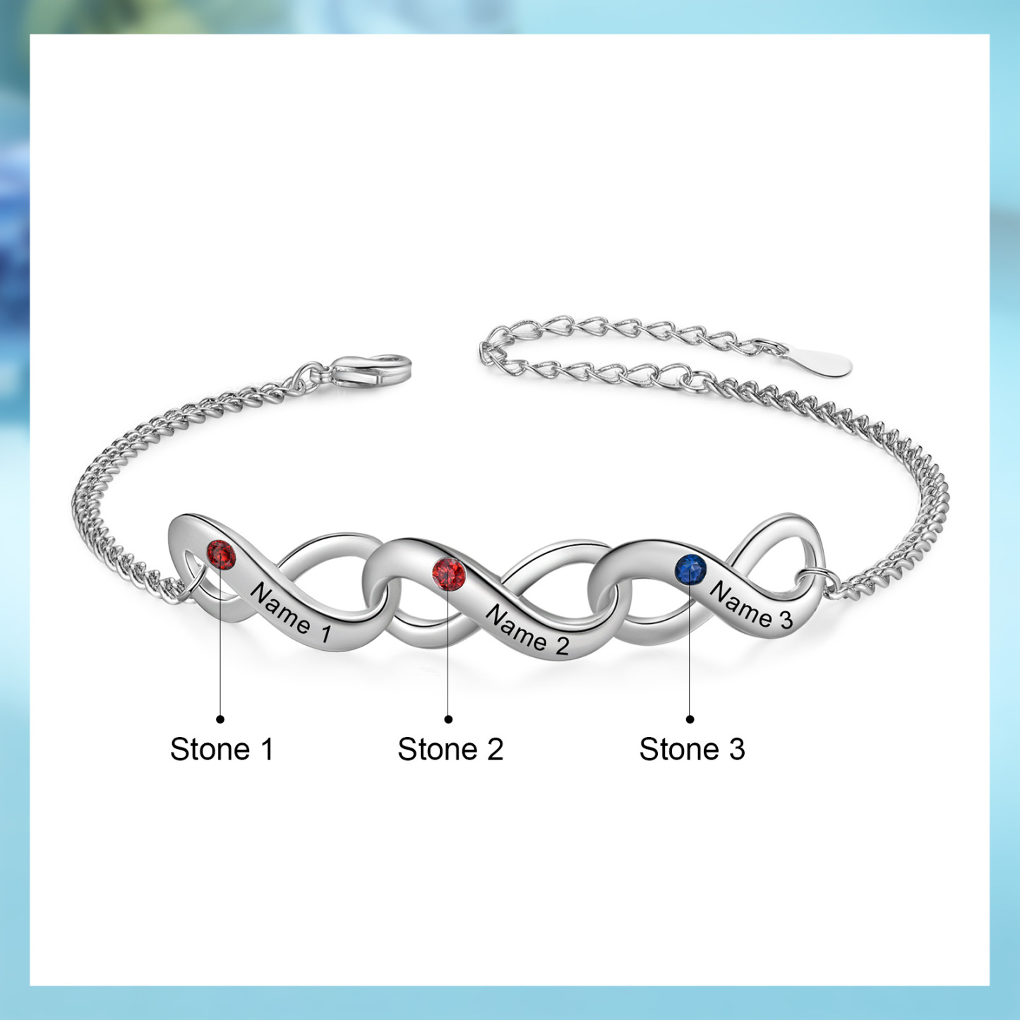 Bracelet Infini 3 Prénoms Personnalisés avec Pierres de Naissance pour Femme