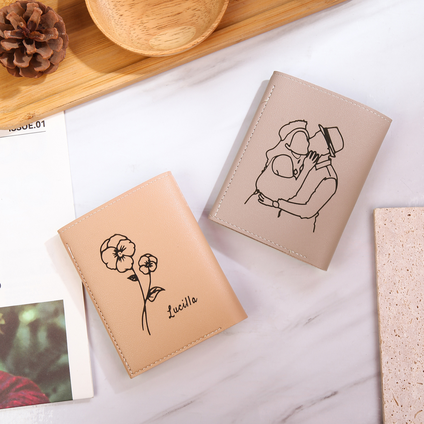 Portefeuille Femme Prénom et Texte Personnalisés avec Fleurs de naissance Porte-Monnaie Carte