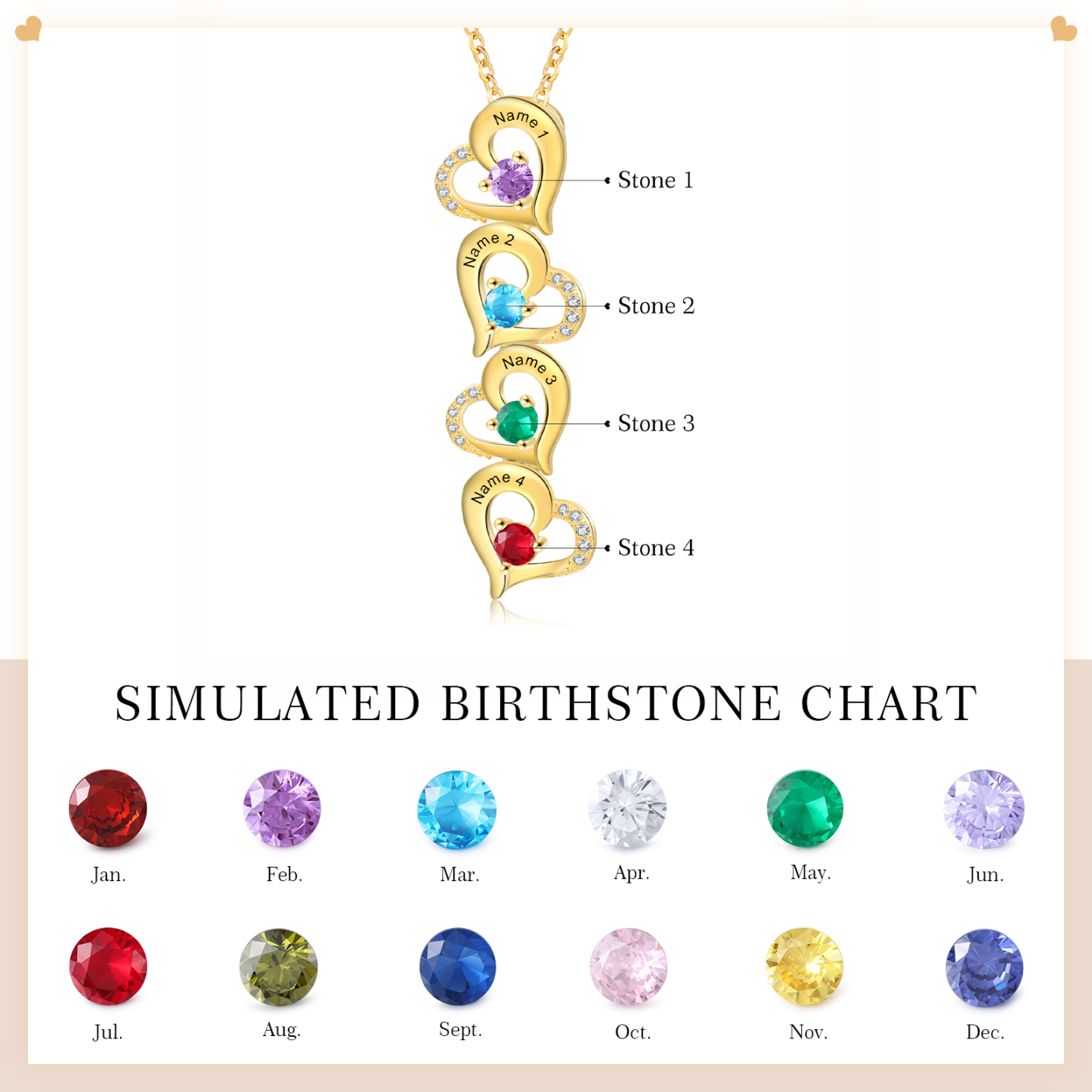 Collier Pendentif Cœur 4 Prénoms Personnalisés avec Pierre de naissance pour Femmes