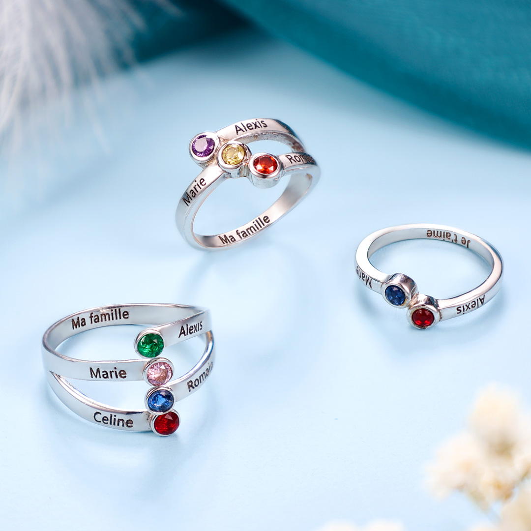 Bague Argent 925 3 Prénoms Personnalisés avec 3 pierre naissance