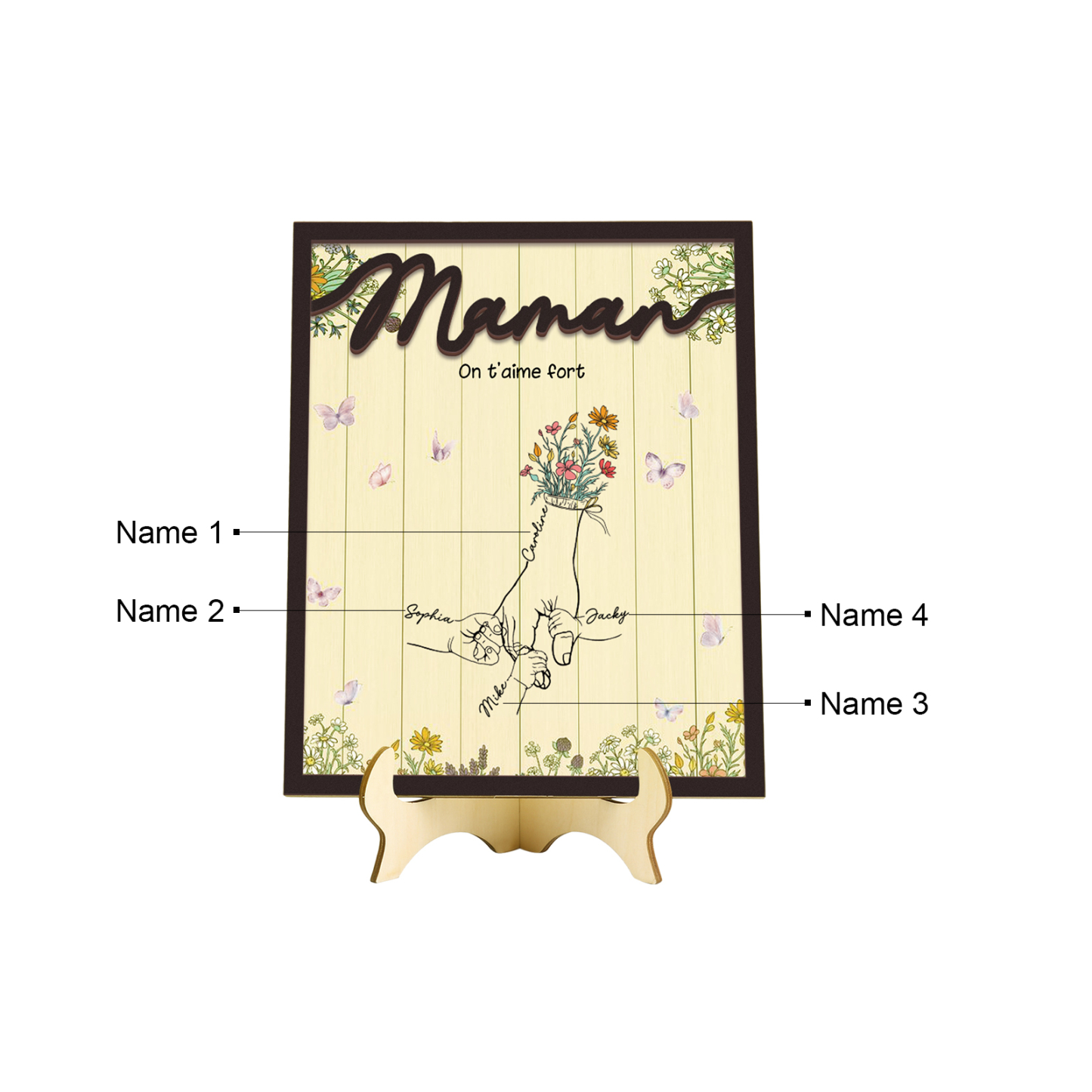 À Maman - Décoration en bois la Main dans la Main 4 Prénoms Personnalisés Ornement Famille