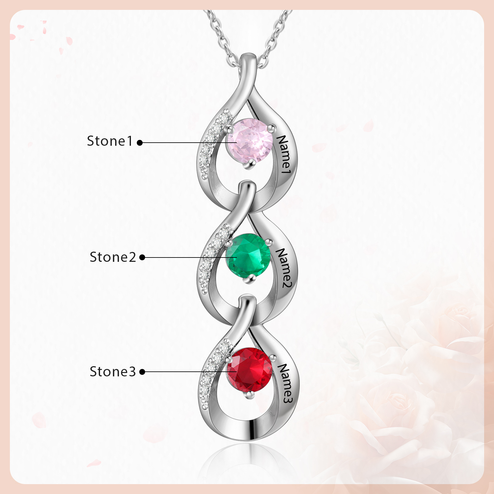 Collier Pendentif Goutte d'eau 3 Prénoms Personnalisés avec Pierres de naissance
