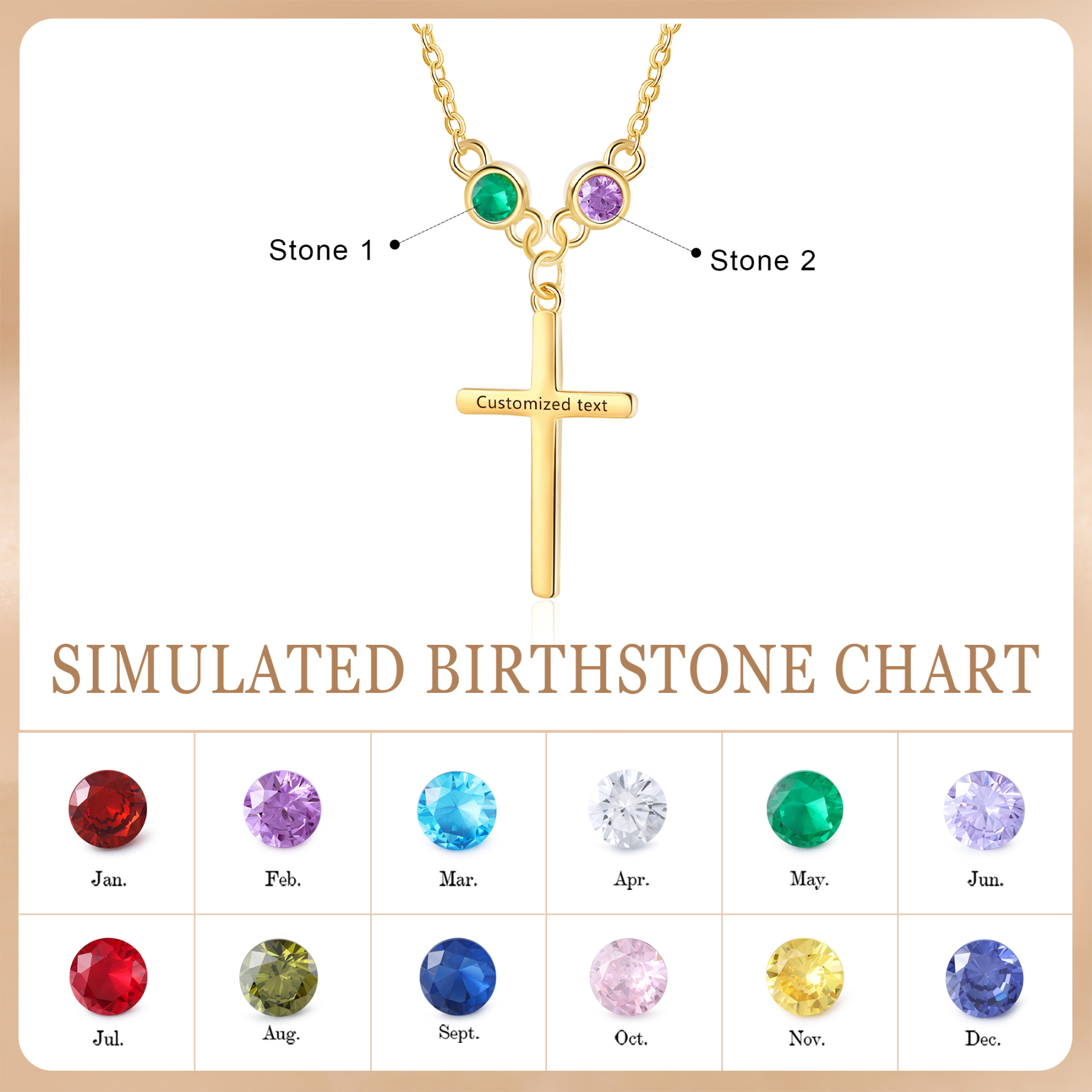 Collier Croix 2 Pierres de Naissance Personnalisés avec Texte Collier pour Femmes