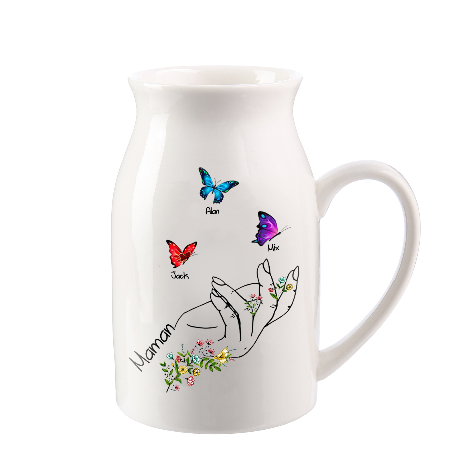 Vase à Fleurs Mains et Papillons 3 Prénoms Personnalisés avec Texte Décoration de la Maison
