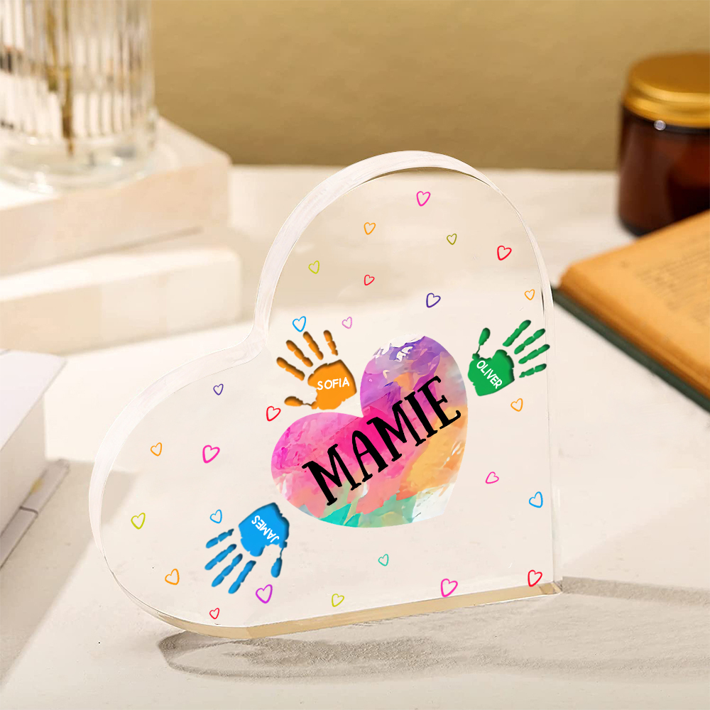 À ma Maman/Mamie - Plaque Acrylique Mains et Enfants en Forme de Cœur 4 Prénoms Personnalisés