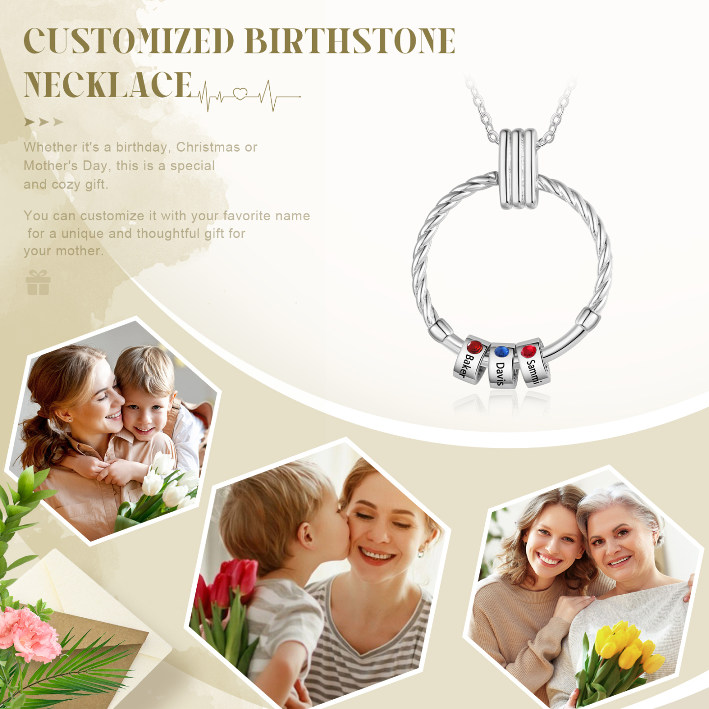 Collier Pendentif 3 Prénoms et Perles Personnalisés avec Pierres de Naissance Collier Femmes