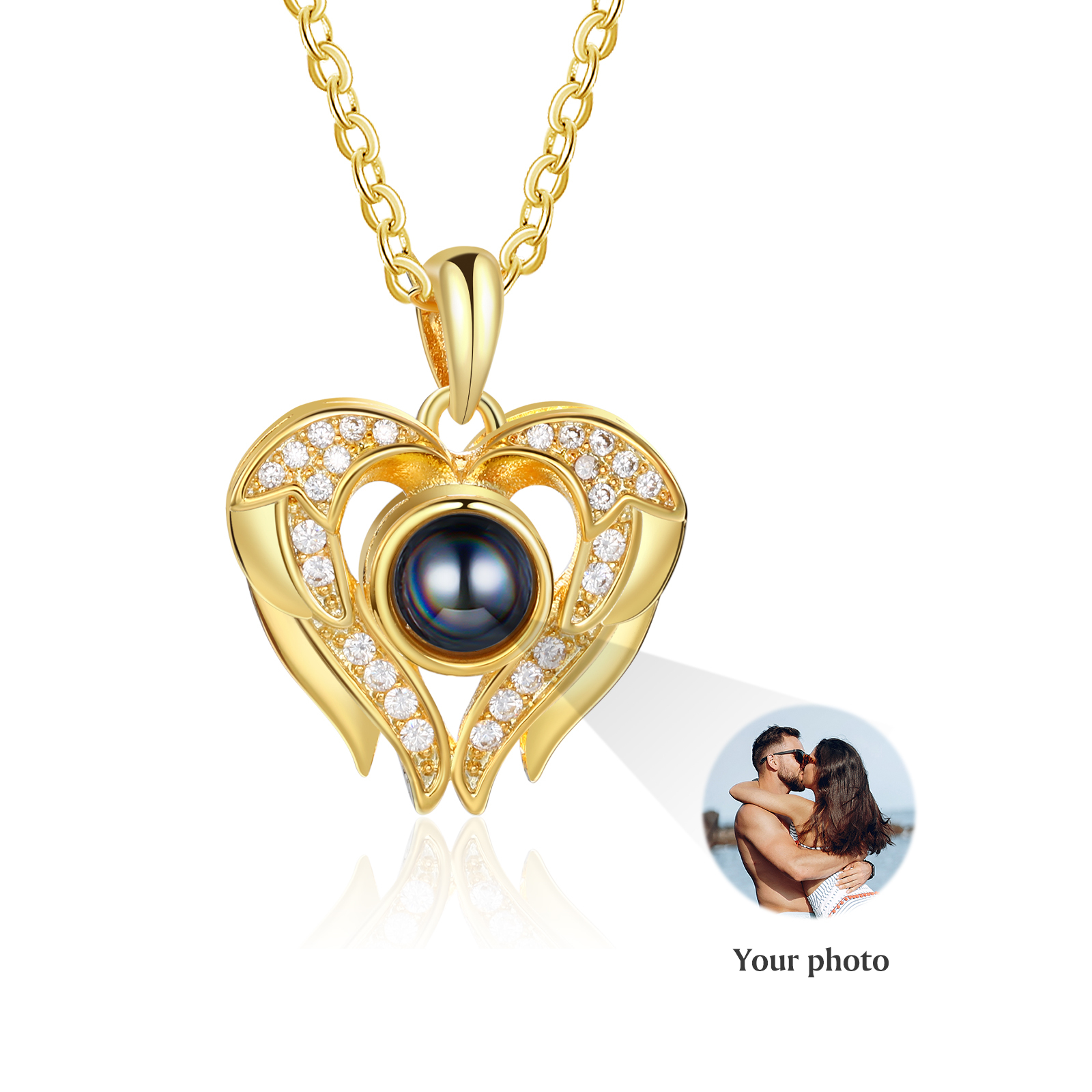 Collier Pendentif Cœur et Ailes de Projection Photo Personnalisée