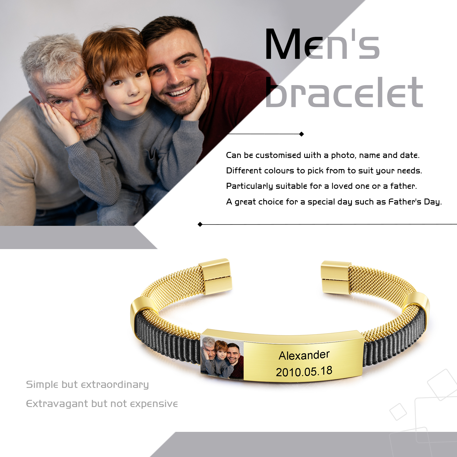 Bracelet Photo Personnalisé Bracelets Gourmette Gravure Prénom avec Date Argent/Or|Jessemade