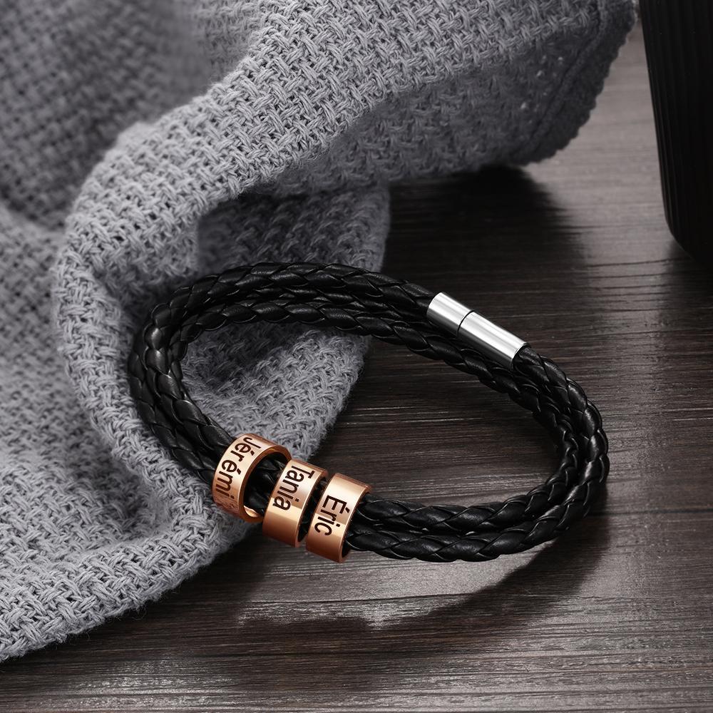 Bracelet Cuir tressé Prénom Personnalisé Cadeau papa Avec 3 Perles