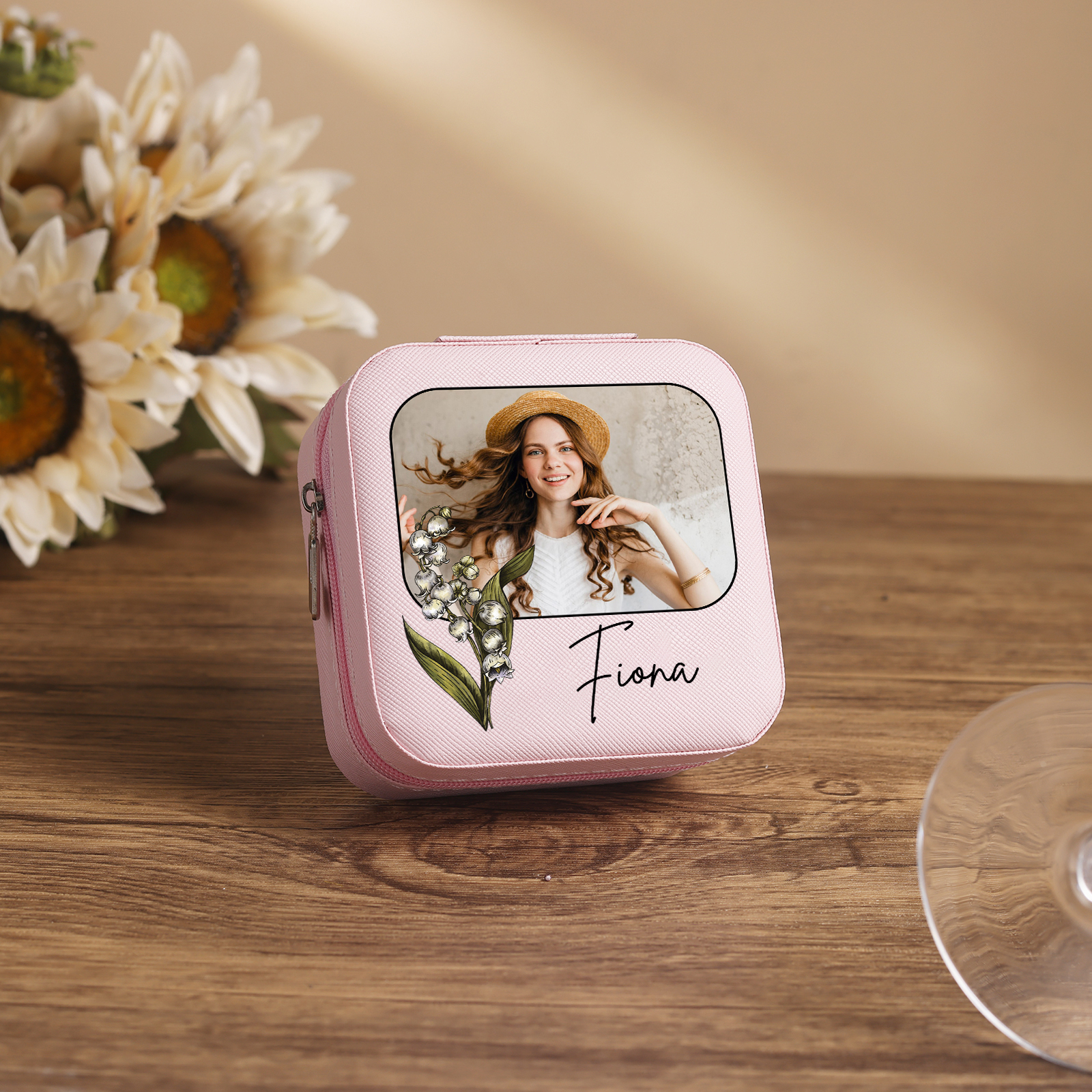 Boîte à Bijoux 1 Prénom et Photo Personnalisés avec Fleur de naissance