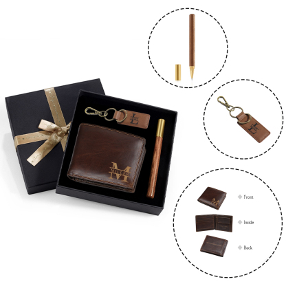 Coffret Cadeau 3PCS - Portefeuille classique Porte-Clés et Stylo 2 Prénoms et Lettres Personnalisés avec 2 Textes Coffret Cadeau pour Homme