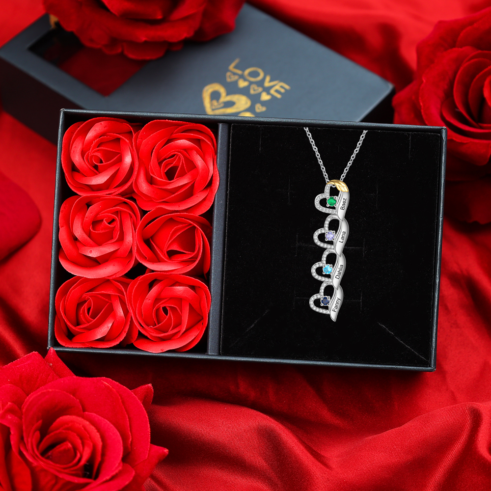 Collier cœur et aile 4 Prénoms Personnalisés avec pierre de naissance | Jessemade