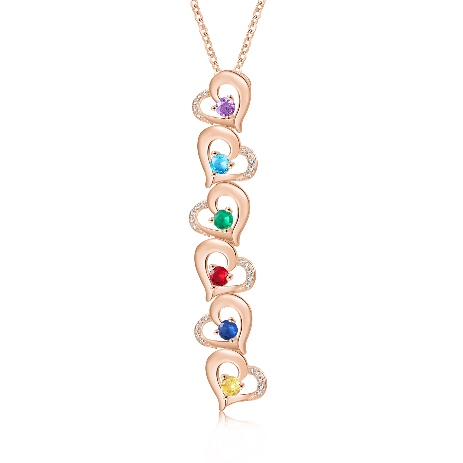 Collier Pendentif Cœur 6 Prénoms Personnalisés avec Pierre de naissance pour Femmes