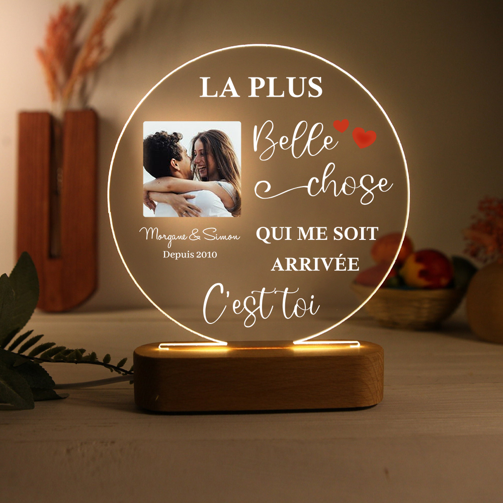 Lampe de chevet Couple LED Lumières 2 Prénoms et 1 Photo Personnalisés avec Date