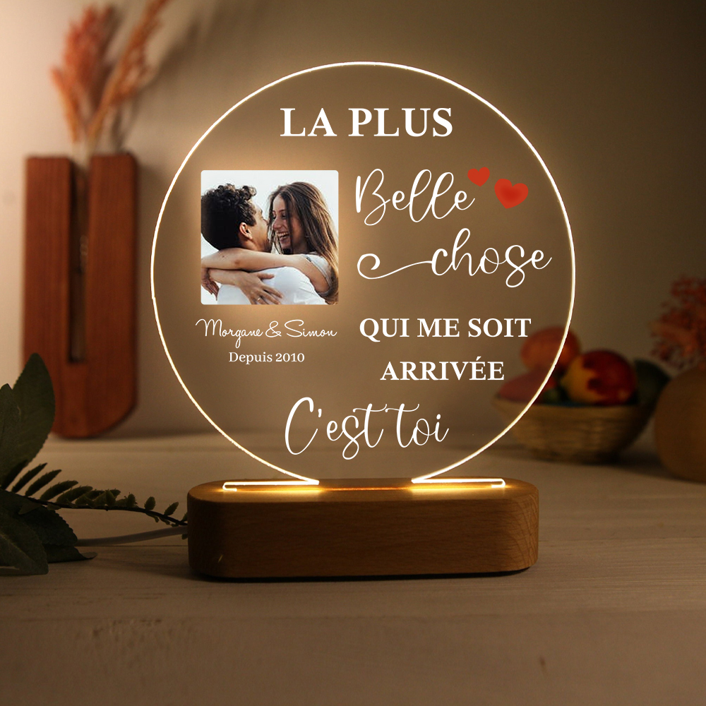 Lampe de chevet Couple LED Lumières 2 Prénoms et 1 Photo Personnalisés avec Date