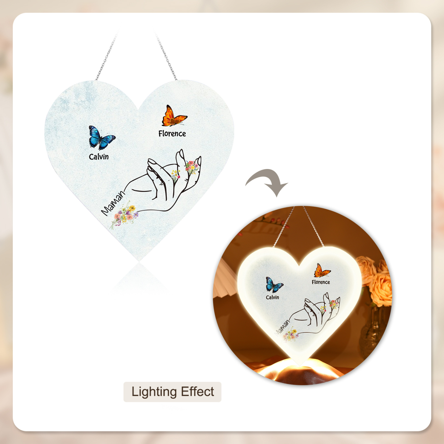 À Maman/Mamie - Veilleuse Cœur Décoration Main et Papillon 2 Prénoms Personnalisés avec 1 Texte