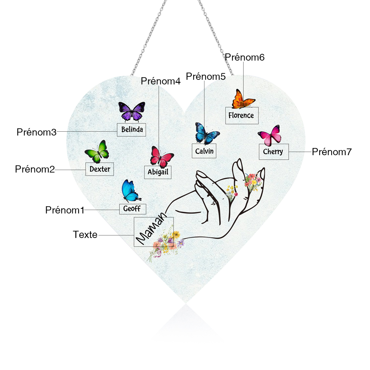 À Maman/Mamie - Veilleuse Cœur Décoration Main et Papillon 7 Prénoms Personnalisés avec 1 Texte