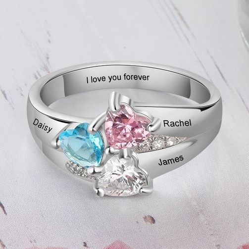 Bague 3 Prénoms avec 3 Pierres de Naissance argent sterling 925