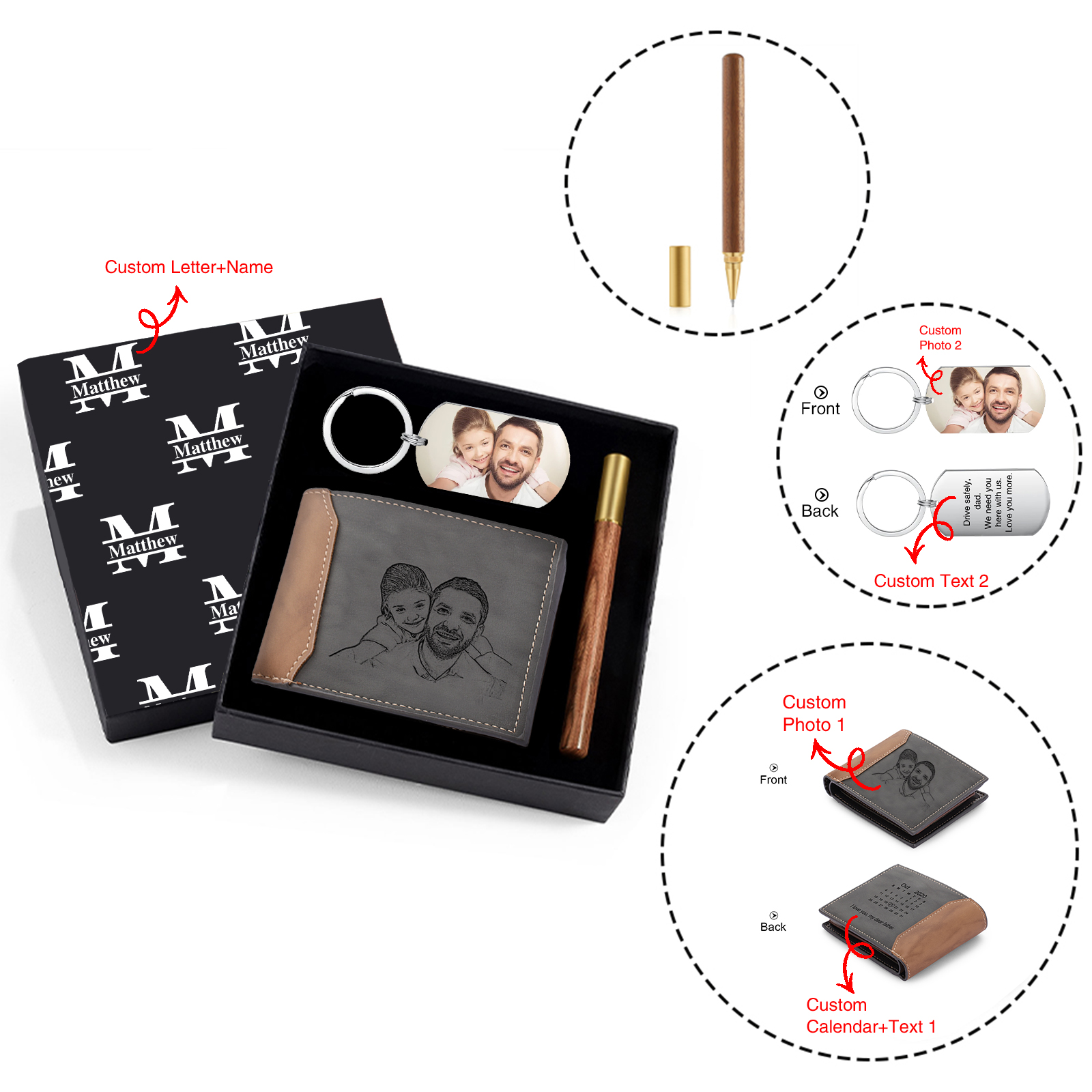 Coffret Cadeau 3PCS - Portefeuille classique Porte-Clés et Stylo 1 Prénom Lettre et Date Personnalisés avec 2 Photos et Textes pour Homme