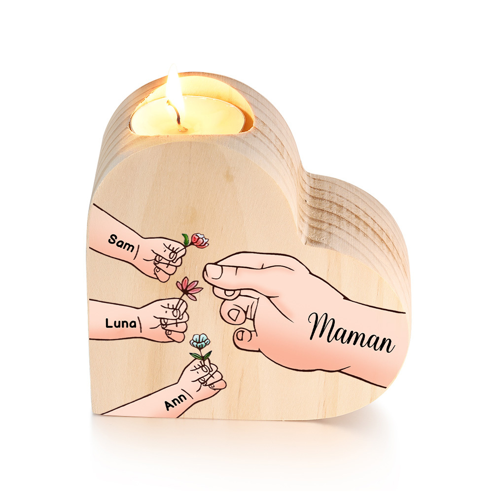 À Ma Maman/Mamie - Bougeoir en Bois Mains et Enfants 4 Prénoms Personnalisés pour Famille sans bougie