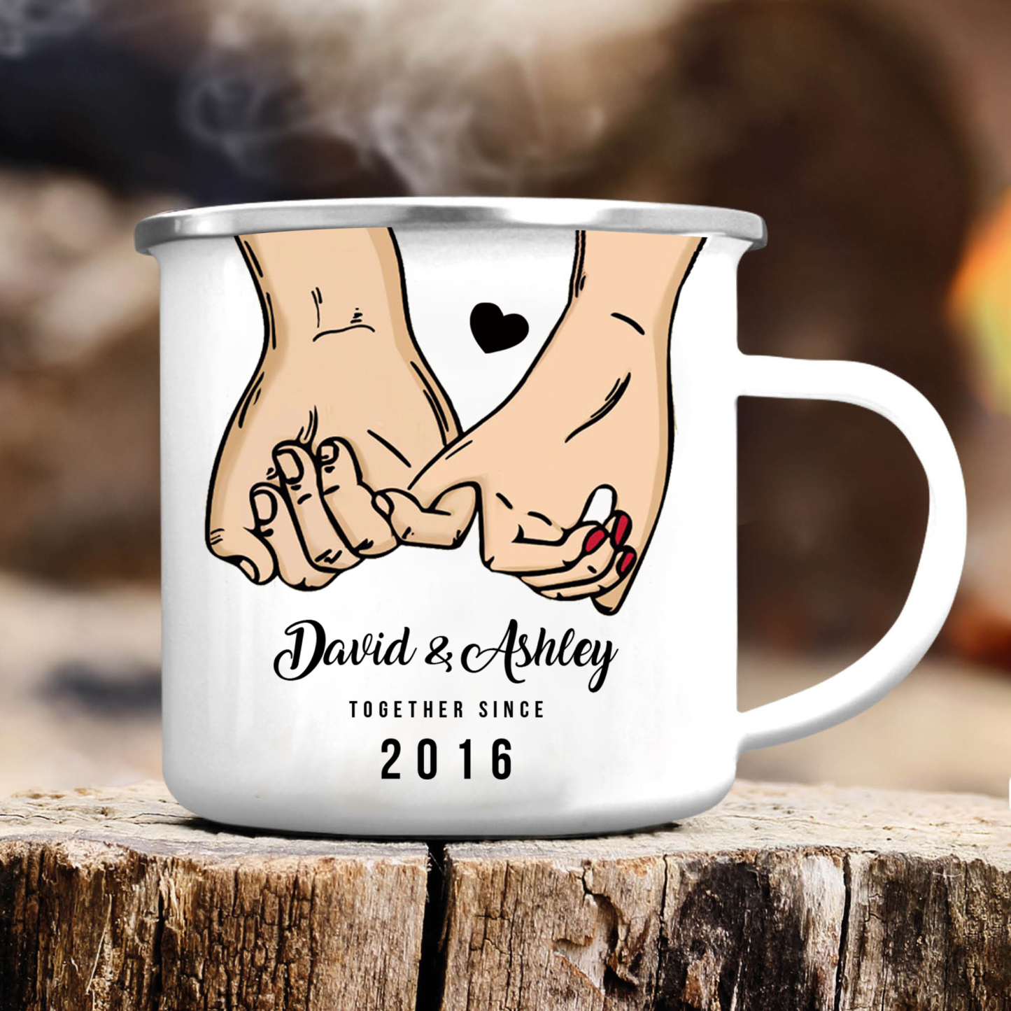 Tasse émaillée 2 Prénoms Personnalisés avec Texte et Année pour Couple promesse du petit doigt