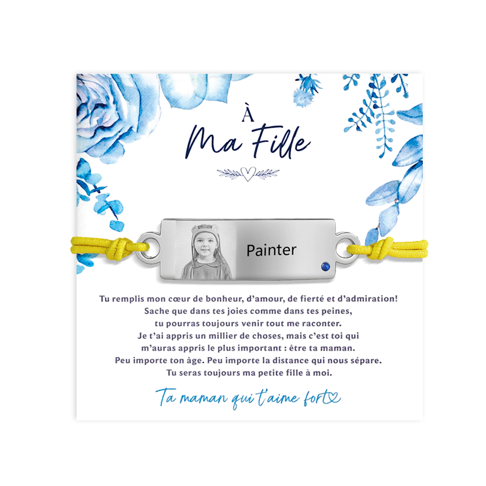 À Ma Fille - Bracelet Prénom et Photo Personnalisés avec Pierre de Naissance Corde élastiques - Cadeau Rentrée Scolaire