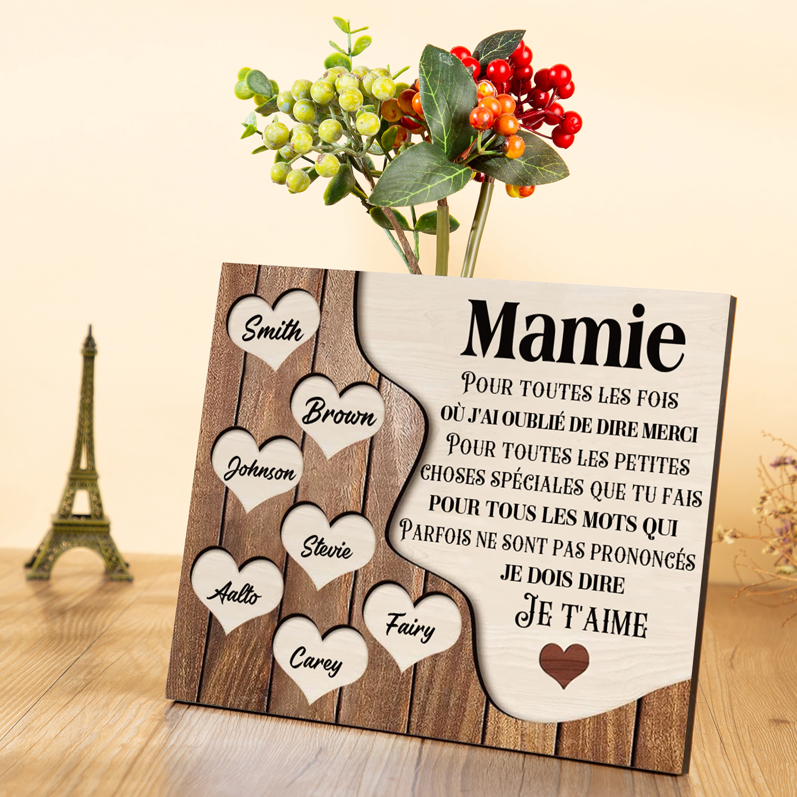 À ma Maman/Mamie - Cadre en Bois 7 Prénoms Personnalisés avec Texte Cadeau pour Famille