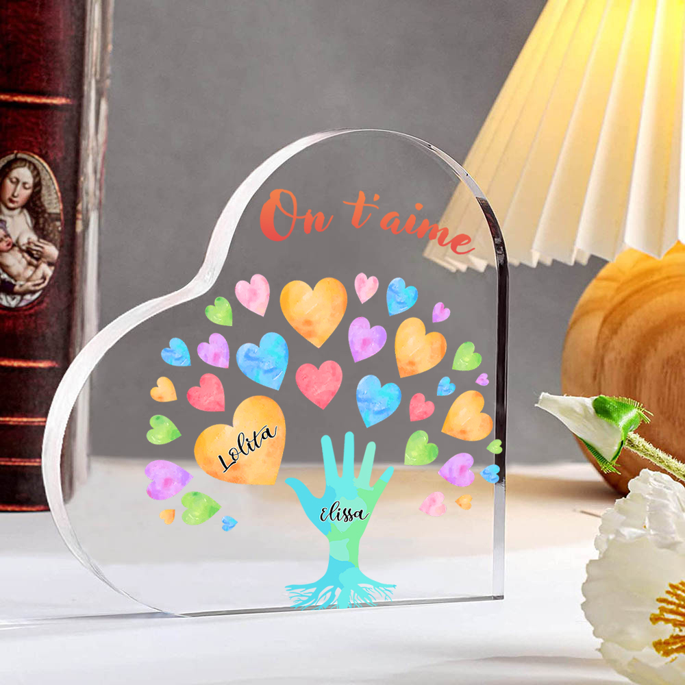 Plaque Acrylique en Forme de Cœur 2 Prénoms Personnalisés avec Texte pour Famille