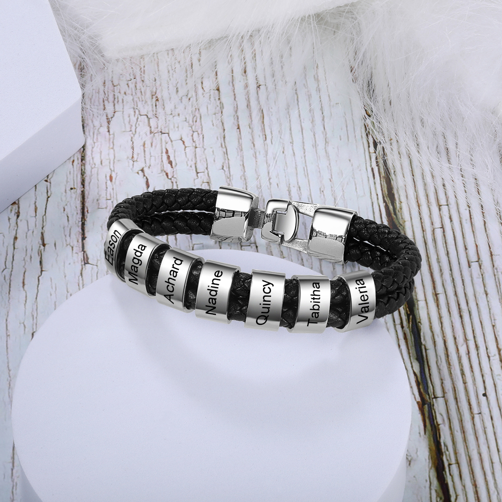 Bracelet Cuir tressé 6 Perles Prénom Personnalisé Homme